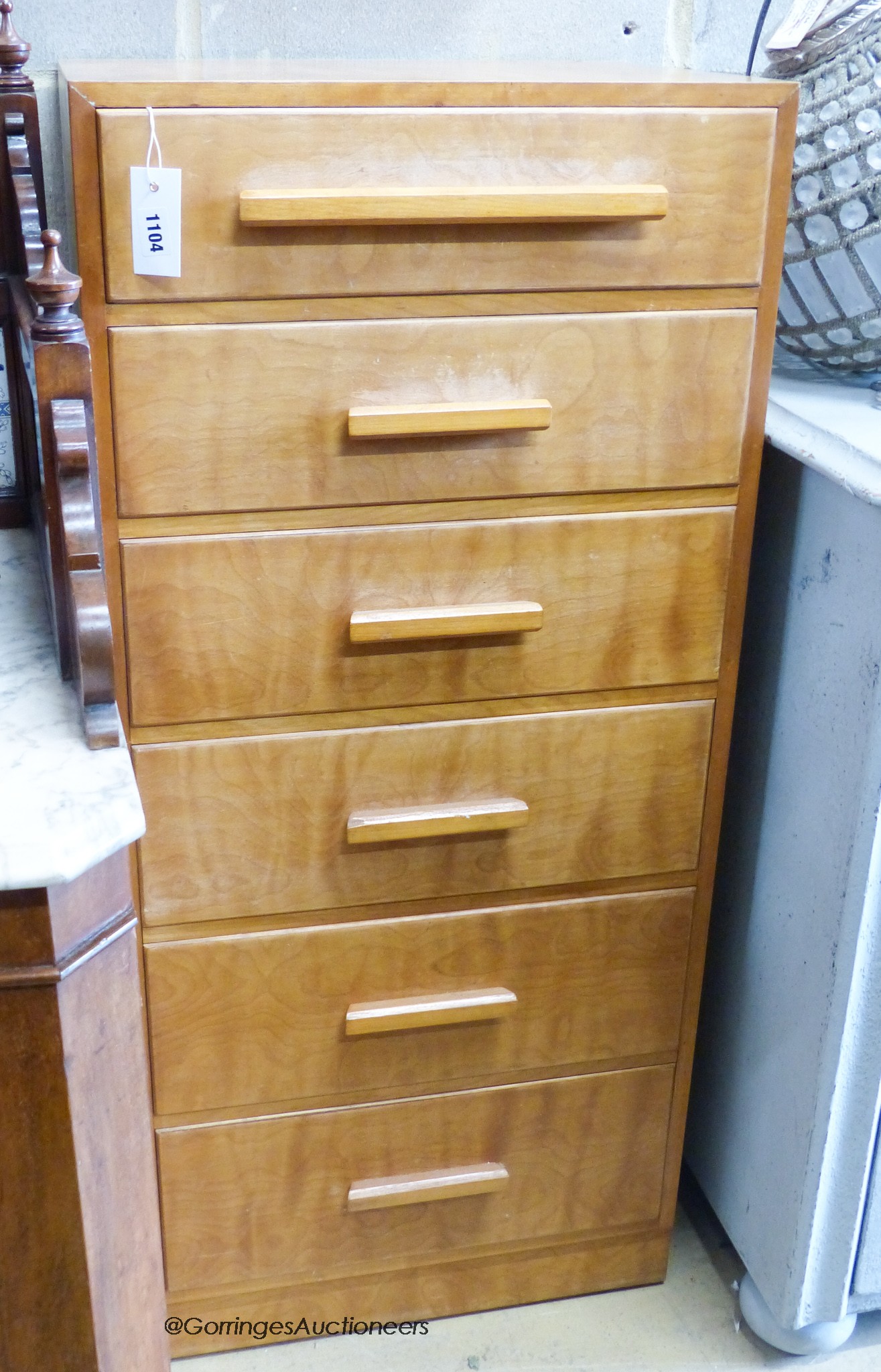 Mid century design six drawer Rowley Gallery chest. W-52, D-58, H-115cm.